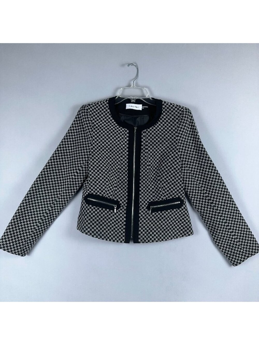Calvin Klein Tweed Blazer Jacket Womens Size 12P Black White Textured Pattern Co